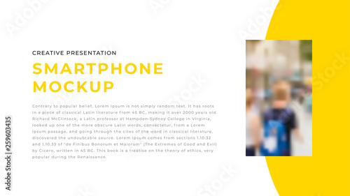 Modern business presentation design with yellow shapes & rectangle photos on white background. Editable annual report flyer leaflet corporate presentation banner design template. Simple webpage design
