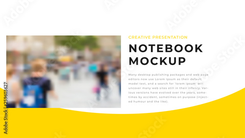 Modern business presentation design with yellow shapes & rectangle photo on white background. Editable annual report flyer leaflet corporate presentation banner design template. Simple webpage design
