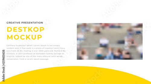 Modern business presentation design with yellow shapes & rectangle photo on white background. Editable annual report flyer leaflet corporate presentation banner design template. Simple webpage design