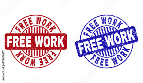 Grunge FREE WORK round stamp seals isolated on a white background. Round seals with grunge texture in red and blue colors. Vector rubber imprint of FREE WORK tag inside circle form with stripes.