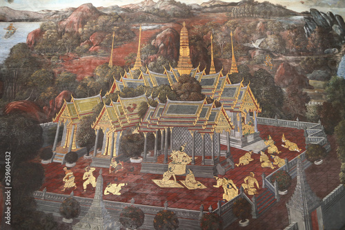 Photography The Ramakien (Ramayana) mural paintings along the galleries of the Temple of the