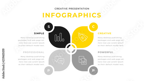 4 option yellow and gray infographic chart diagram business presentation design. Annual report flyer leaflet corporate presentation template. Simple webpage design