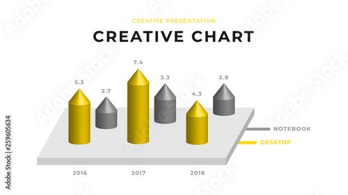 3D yearly infographic. Modern business presentation design with yellow and gray colors. Editable annual report flyer leaflet corporate presentation banner design template. Simple webpage design