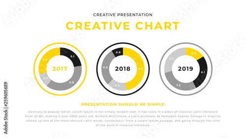 Modern three yearly annual report infographics design business presentation design with yellow and black or gray colors. Editable flyer leaflet corporate presentation template. Webpage design