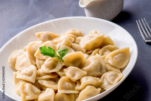 boiled dumplings with filling and sauce on the plate. Steam over a plate
