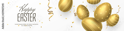 Vector stylish horizontal banner for Easter celebration with golden 3D eggs, round confetti and gold realistic ribbons on white background. Festive elegant template for holiday newsletters and flyers.
