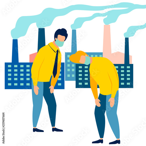 Ecological catastrophy. People are choking on the smoke of the plant. In minimalist style Cartoon flat Vector