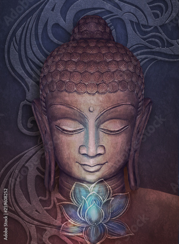 Head of the Lord Buddha in profile on a on delicate beige background. Collage, digital art