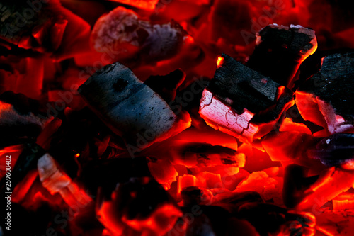 Burning firewood in the fireplace close up, BBQ fire, charcoal background. Charcoal fire with sparks. Fire background. Close up