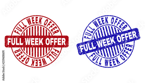 Grunge FULL WEEK OFFER round watermarks isolated on a white background. Round seals with grunge texture in red and blue colors.