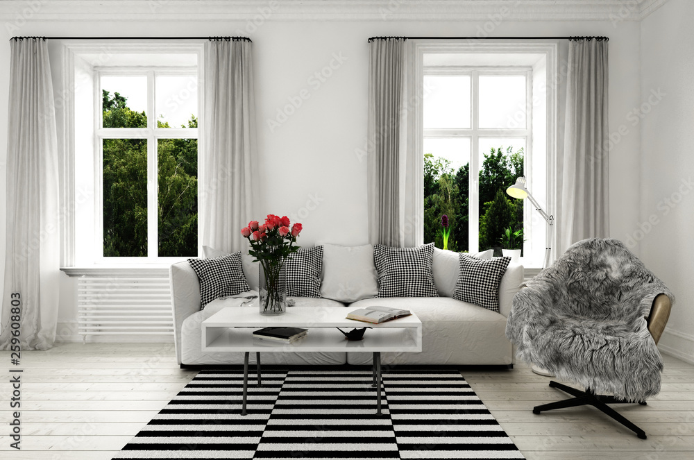 Minimaltistische couch in Wohnzimmer (skandinavischer Stil) Stock  Illustration | Adobe Stock