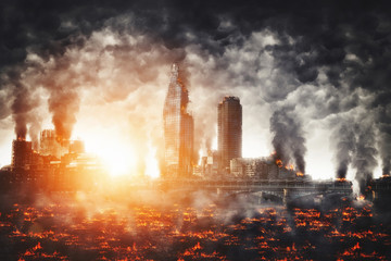Eerie night scene of the aftermath of an explosion