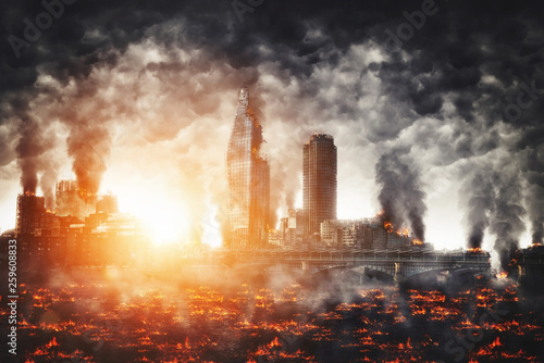 Eerie night scene of the aftermath of an explosion