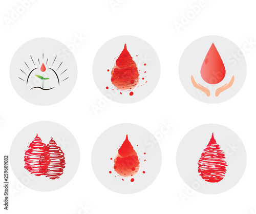 Volunteer blood donation icons set. Template of label, icon, tag, banner of blood donor day, background.