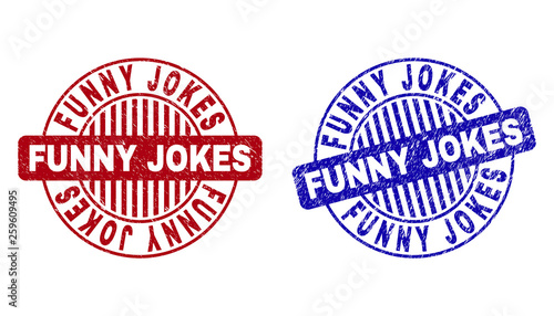 Grunge FUNNY JOKES round stamp seals isolated on a white background. Round seals with grunge texture in red and blue colors.