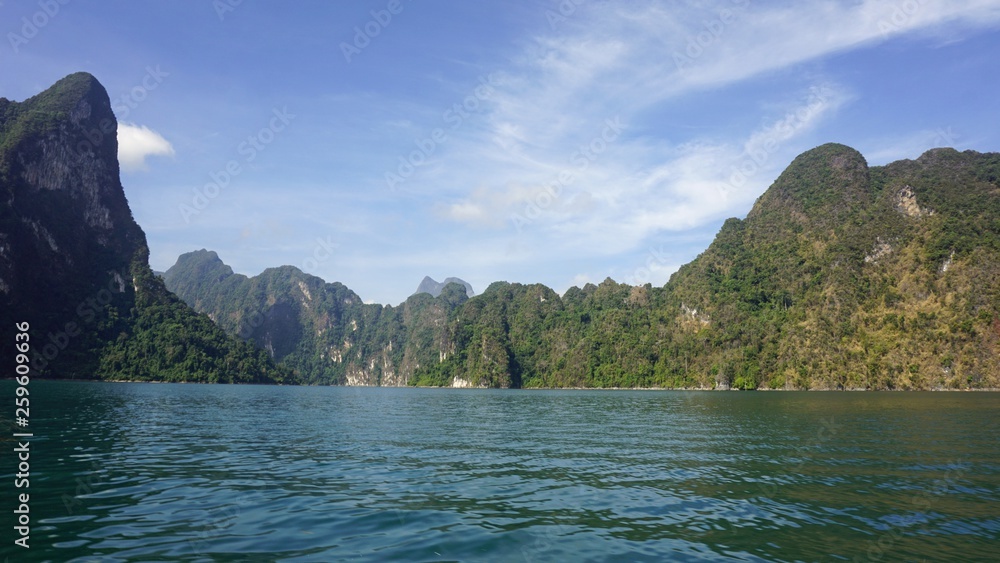 tropical landscape on chiao lan lake in khao sok