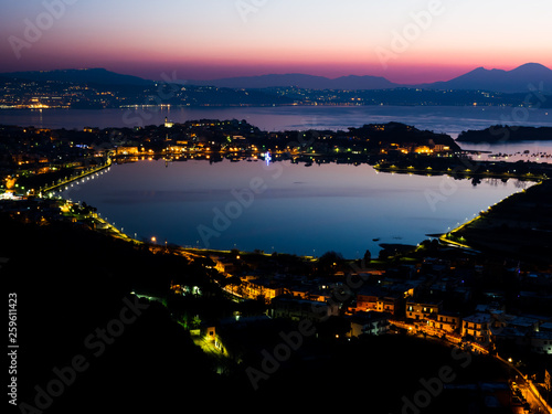Phlegraean Fields and the Gulf of Naples at dawn with the Vesuvius volcano in the background, a beautiful panorama
