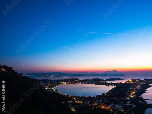 Phlegraean Fields and the Gulf of Naples at dawn with the Vesuvius volcano in the background  a beautiful panorama