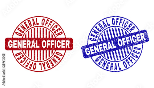 Grunge GENERAL OFFICER round stamps isolated on a white background. Round seals with grunge texture in red and blue colors.