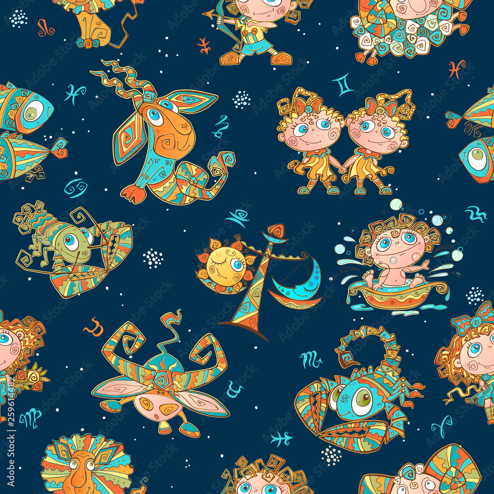 Seamless pattern with zodiac signs for kids. Vector. zodiac circles.