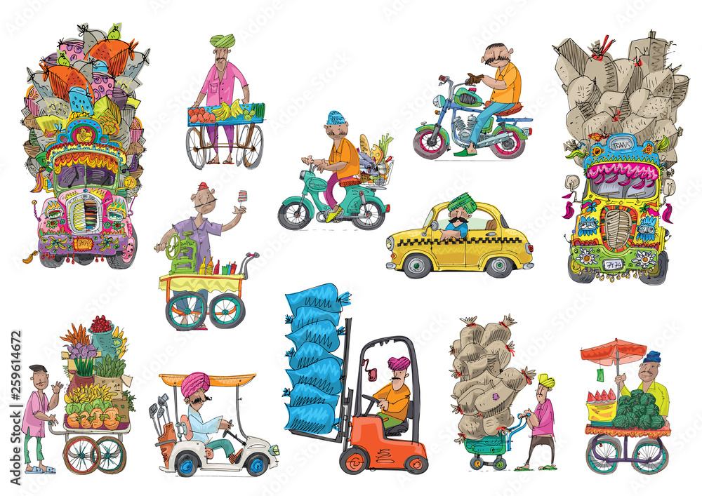 Set of variety indian vehicles and characters. Cartoon. Caricature. Stock  Vector | Adobe Stock