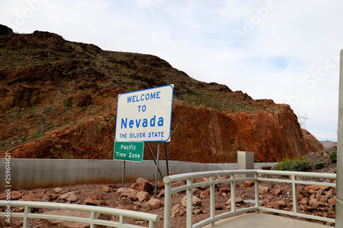 Welcome to nevada sign Hoover Dam, in the Black Canyon of the Colorado River, between the U.S. states of Nevada and Arizona. Important touristic attraction.