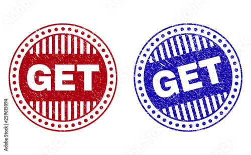 Grunge GET round stamp seals isolated on a white background. Round seals with grunge texture in red and blue colors. Vector rubber overlay of GET text inside circle form with stripes.