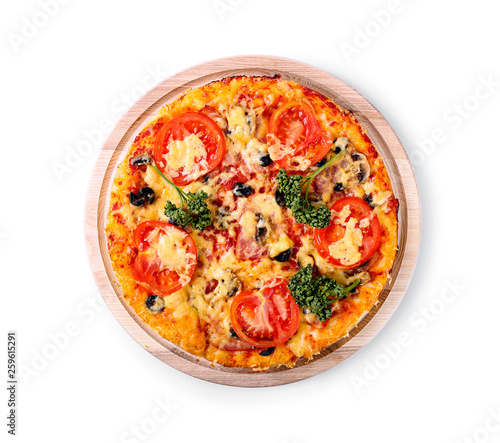 Tasty homemade italian pizza on a thick white crusty garnished with fresh curly parsley overhead view isolated on white -