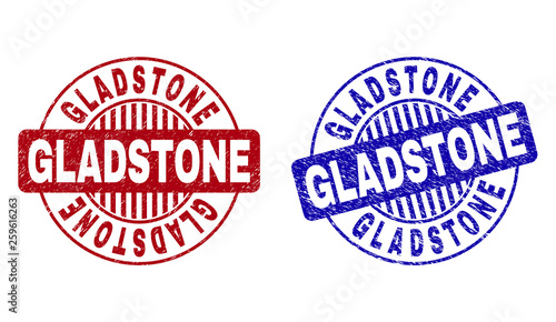 Grunge GLADSTONE round stamp seals isolated on a white background. Round seals with grunge texture in red and blue colors. Vector rubber imprint of GLADSTONE label inside circle form with stripes.