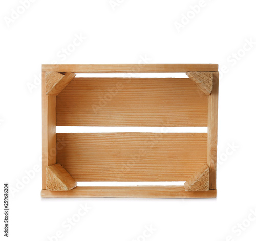 Wooden crate on white background, top view. Shipping container