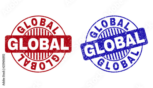 Grunge GLOBAL round stamp seals isolated on a white background. Round seals with grunge texture in red and blue colors. Vector rubber imitation of GLOBAL caption inside circle form with stripes.