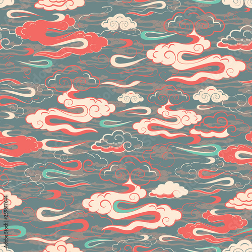 Illustration of stylized, abstract red, aqua, cream and olive clouds