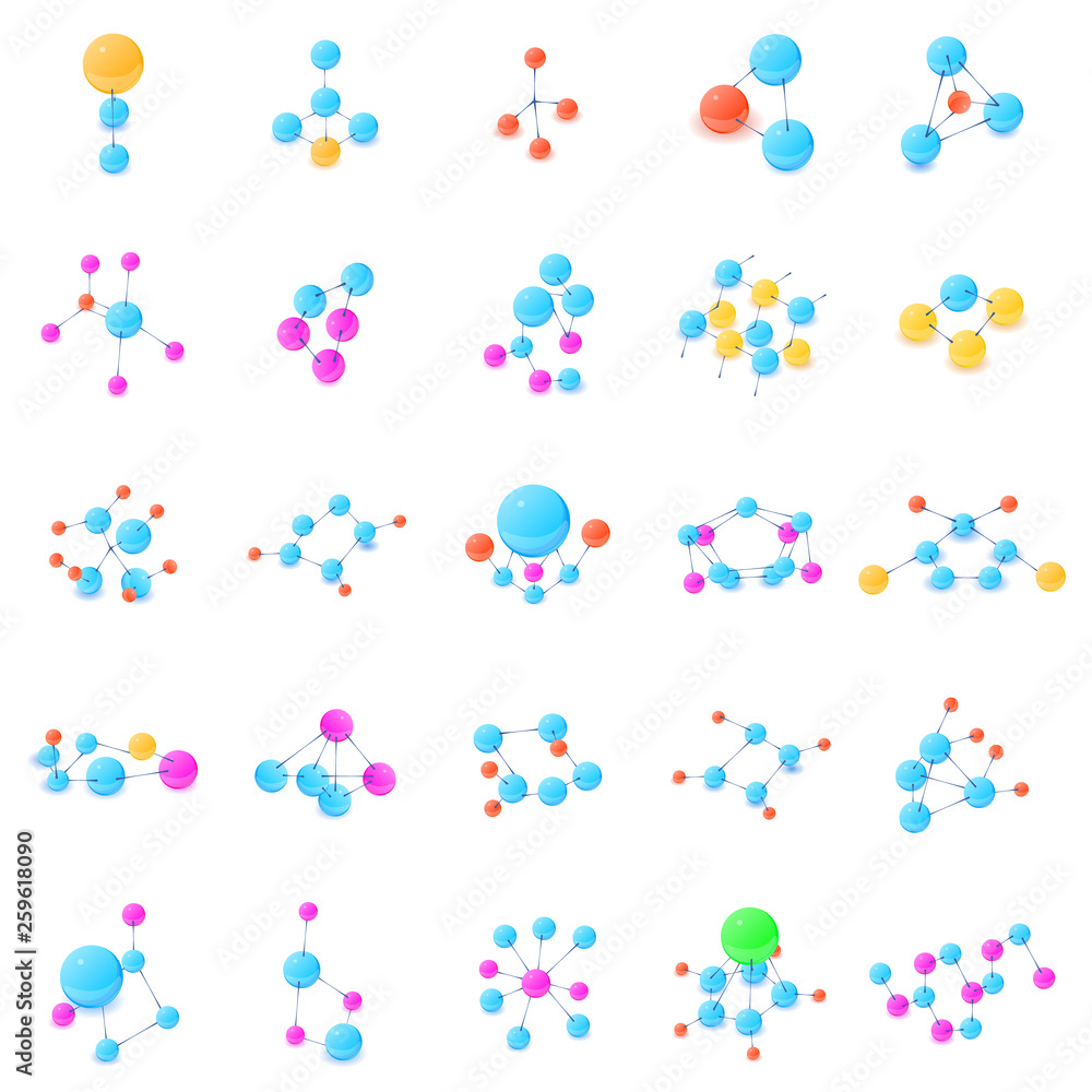 Chemical element icons set. Isometric set of 25 chemical element vector icons for web isolated on white background Chemical element icons set. Isometric set of 25 chemical element vector icons for web isolated on white background