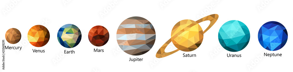 Set of triangle polygonal silhouette of solar system planets. Polygon design. Low poly art. - obrazy, fototapety, plakaty 