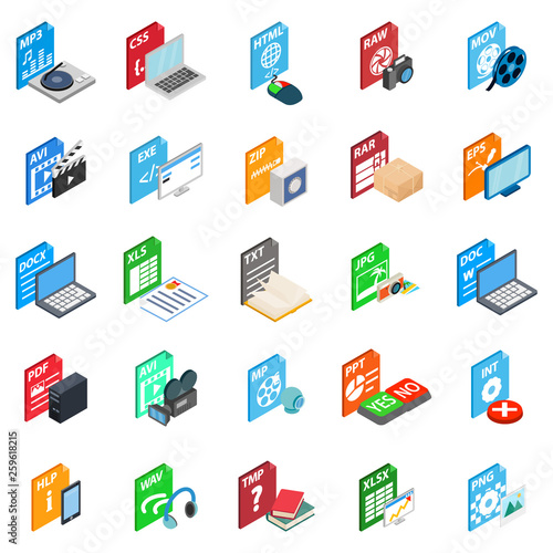 Format icons set. Isometric set of 25 format vector icons for web isolated on white background