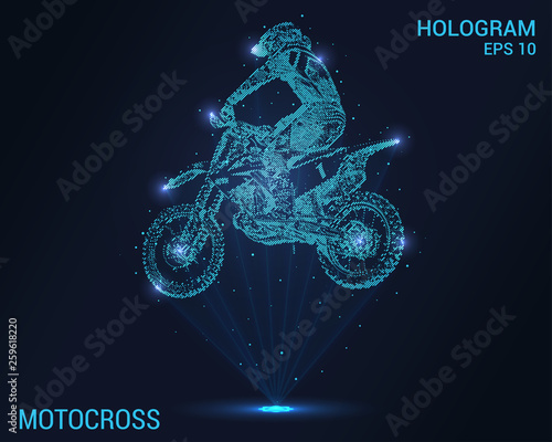 Motocross hologram. Holographic projection of motocross. Flickering energy flux of particles. The scientific design of the rider.