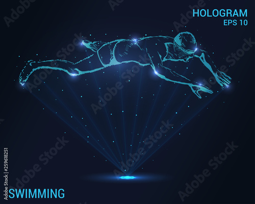 Swimming hologram. A holographic projection of a swimmer. Flickering energy flux of particles. Scientific swimming design.