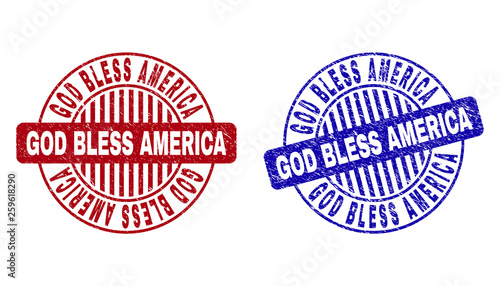 Grunge GOD BLESS AMERICA round stamp seals isolated on a white background. Round seals with grunge texture in red and blue colors.