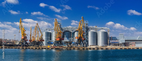 Lifting cargo cranes, ships and grain dryer in Sea Port of Odessa, Black Sea, Ukraine photo