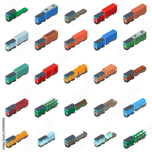 Railway carriage icons set. Isometric set of 25 railway carriage vector icons for web isolated on white background