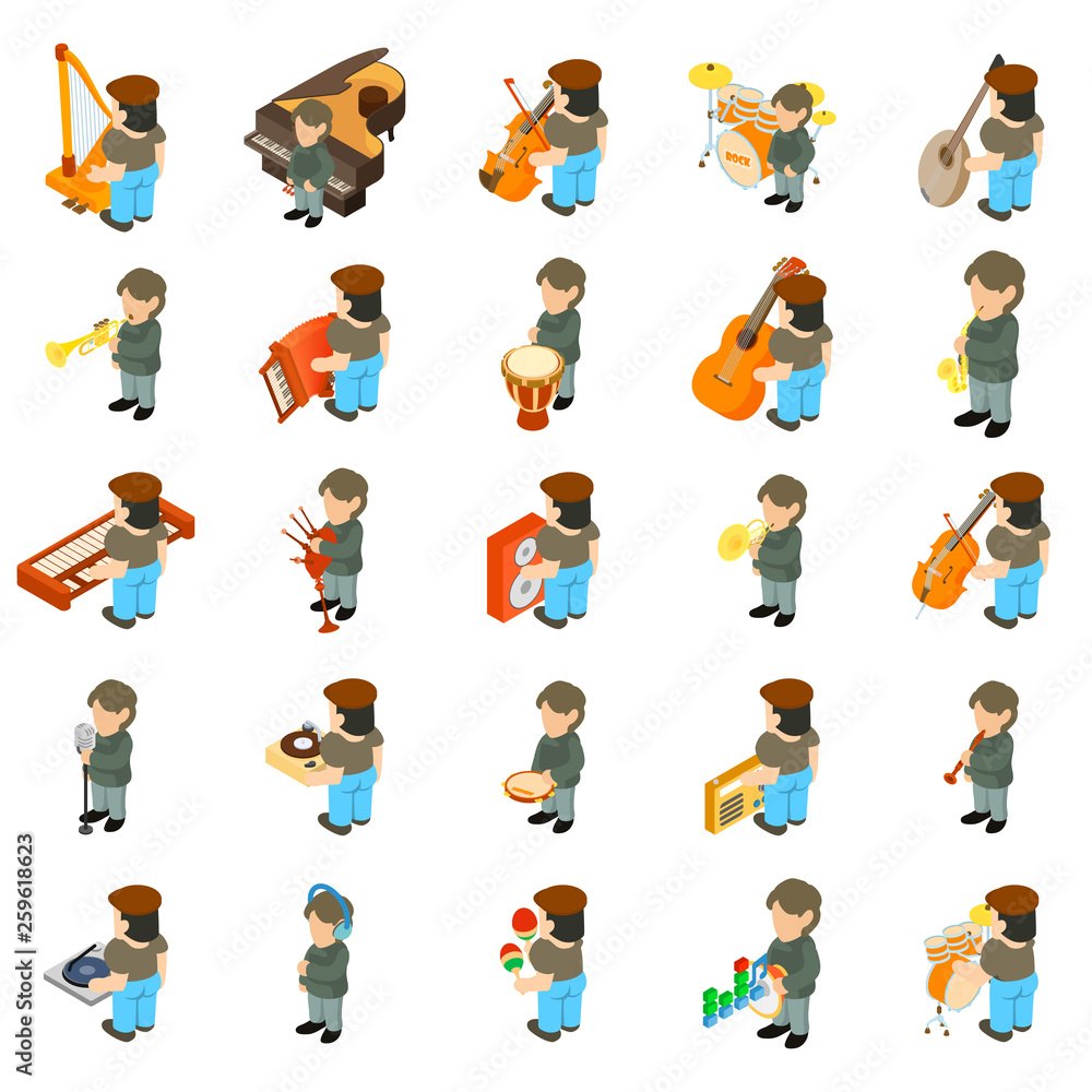 Music course icons set. Isometric set of 25 music course vector icons for web isolated on white background