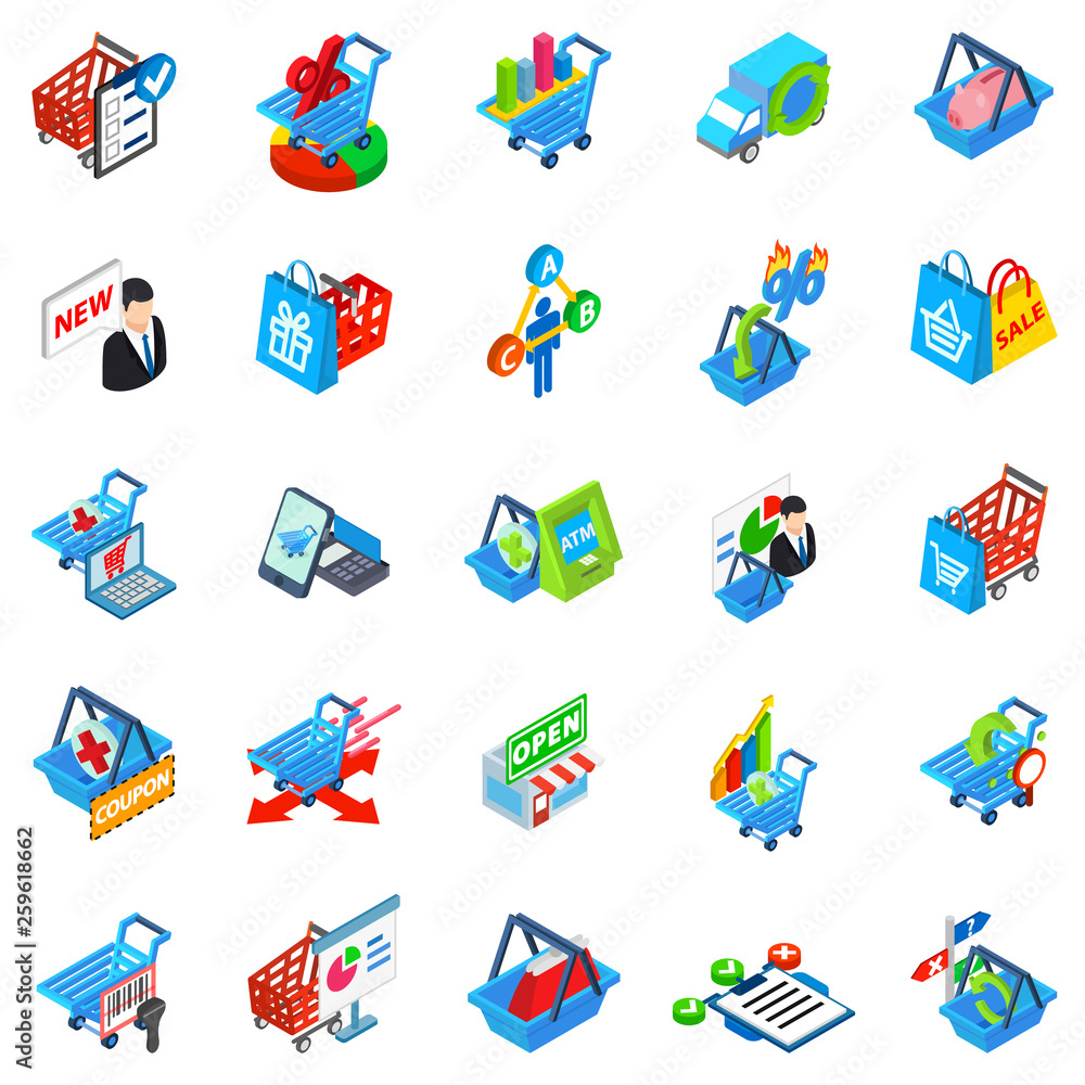 Purchase shop icons set. Isometric set of 25 purchase shop vector icons for web isolated on white background Purchase shop icons set. Isometric set of 25 purchase shop vector icons for web isolated on white background