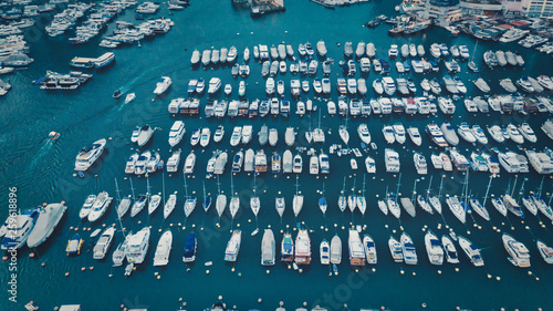 Photography Panoramic view from above of Small fishing boats near the wave barrier in aberde