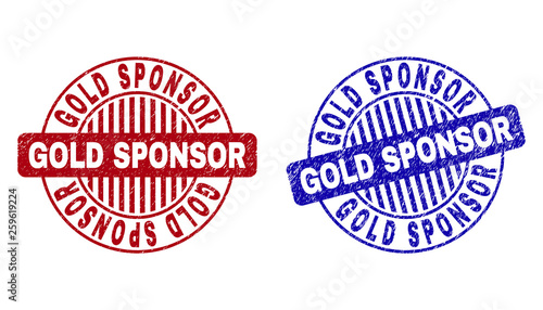 Grunge GOLD SPONSOR round stamp seals isolated on a white background. Round seals with distress texture in red and blue colors.