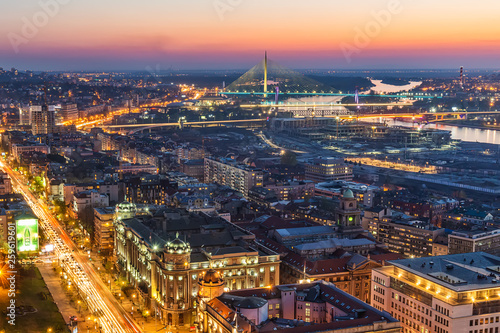 Belgrade, Serbia March 31, 2019: Panorama of Belgrade at night. Aerial Shot of Belgrade.