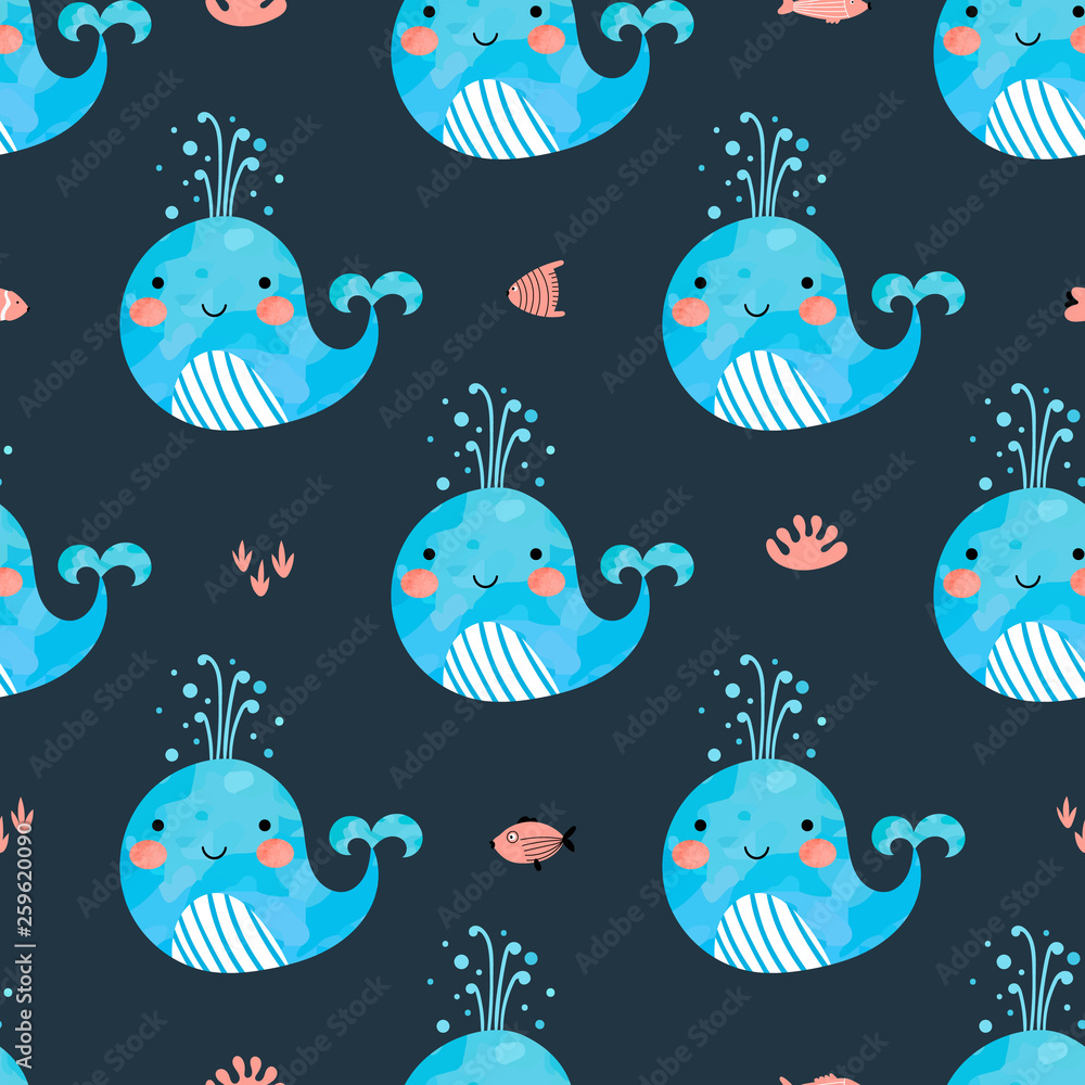 Seamless background with funny whales Seamless background with funny whales