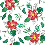 Seamless tropical flower with green leaf pattern