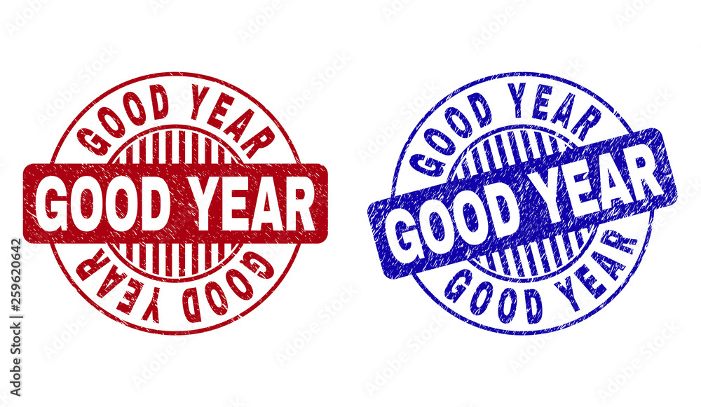Grunge GOOD YEAR round stamp seals isolated on a white background. Round seals with grunge texture in red and blue colors. Vector rubber overlay of GOOD YEAR tag inside circle form with stripes.