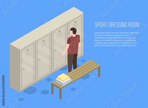 Sport dressing room banner. Isometric illustration of sport dressing room vector banner for web design