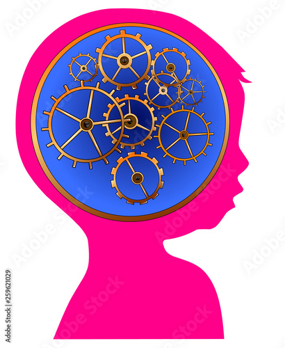 Silhouette of a child with gears, concept of human mental development, vector illustration